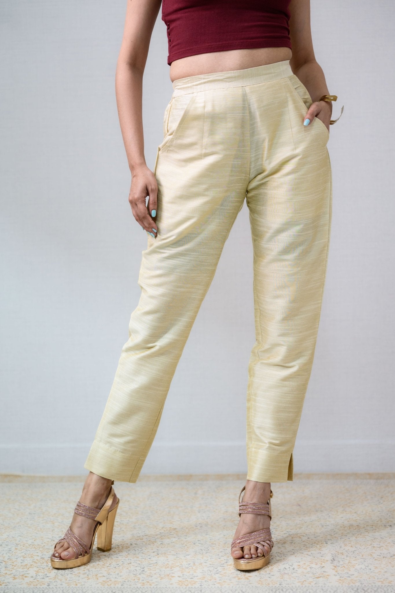 Kerala Cream Slub Silk Pencil Pants - Lobha Deepthis