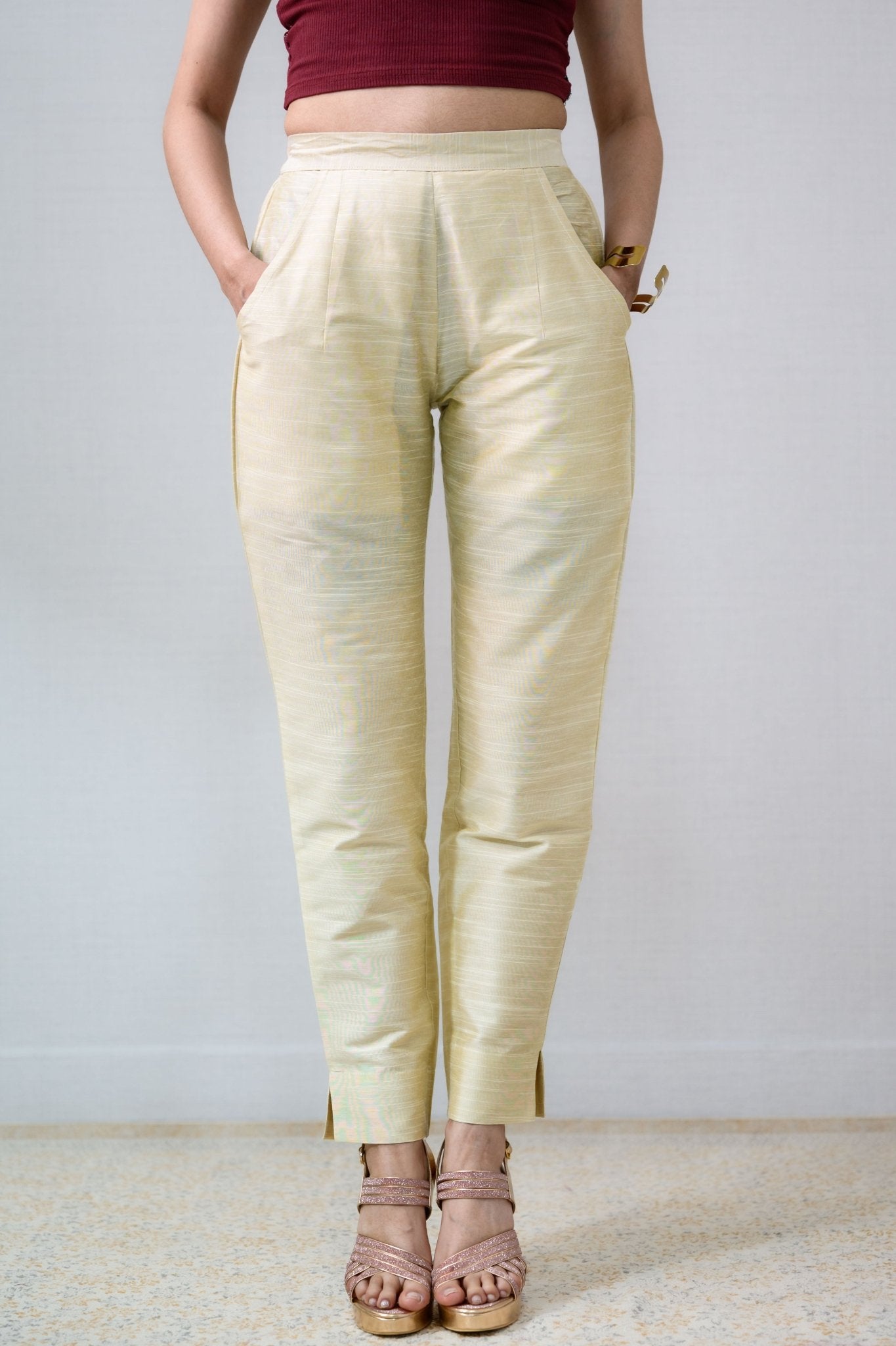 Kerala Cream Slub Silk Pencil Pants - Lobha Deepthis