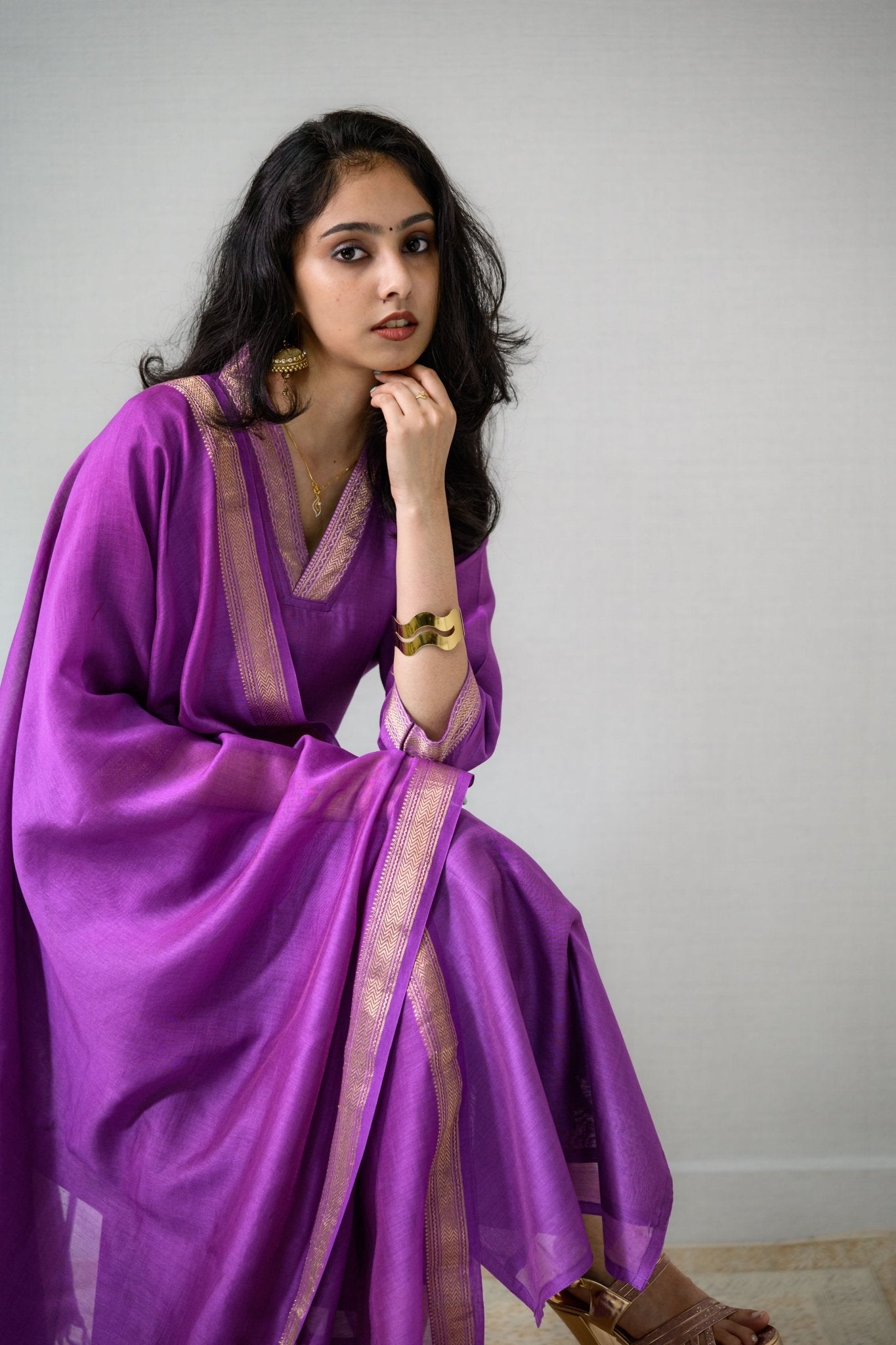Lavender Maheshwari Silk Collar Kurta - Lobha Deepthis