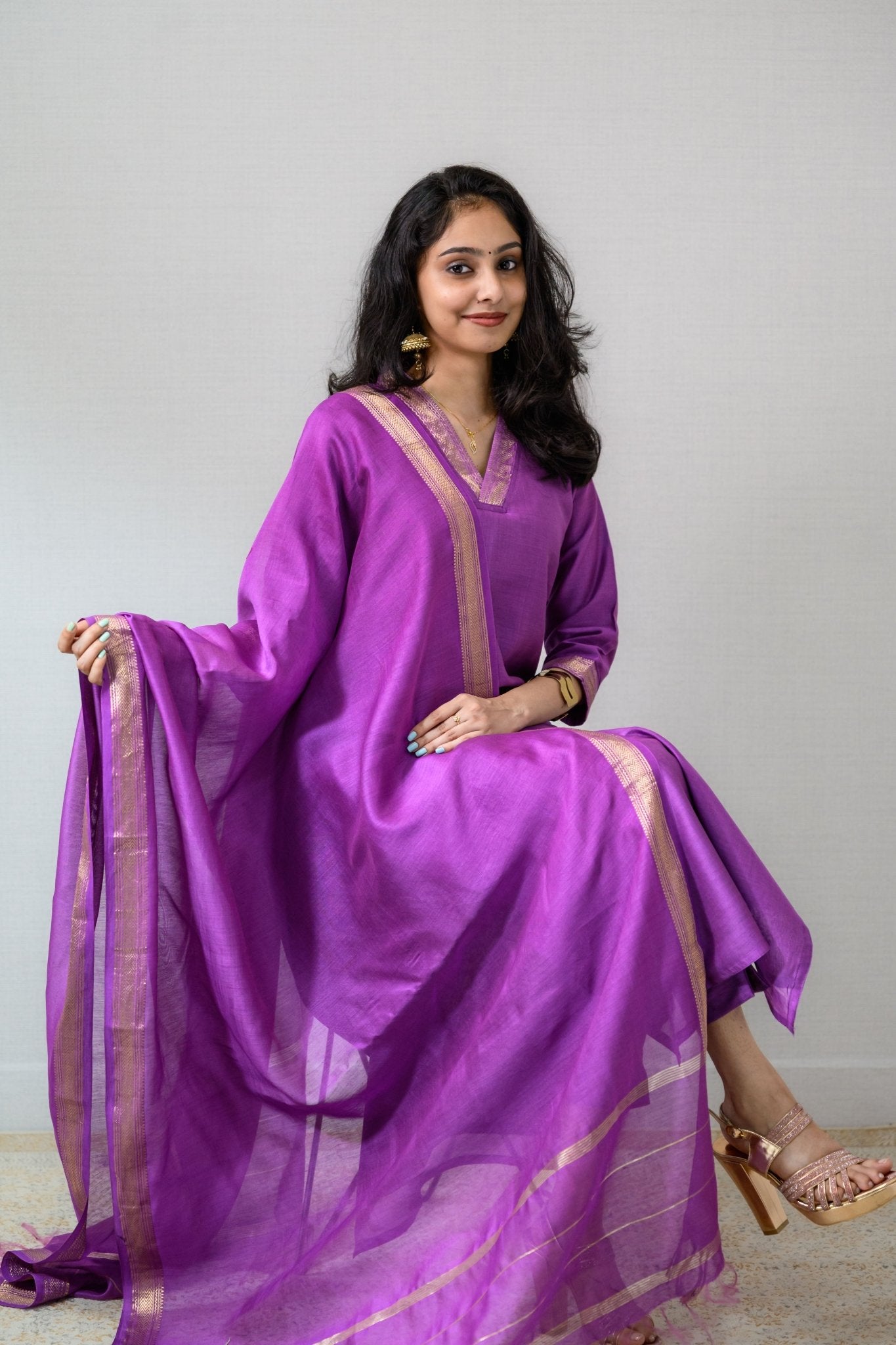 Lavender Maheshwari Silk Collar Kurta - Lobha Deepthis