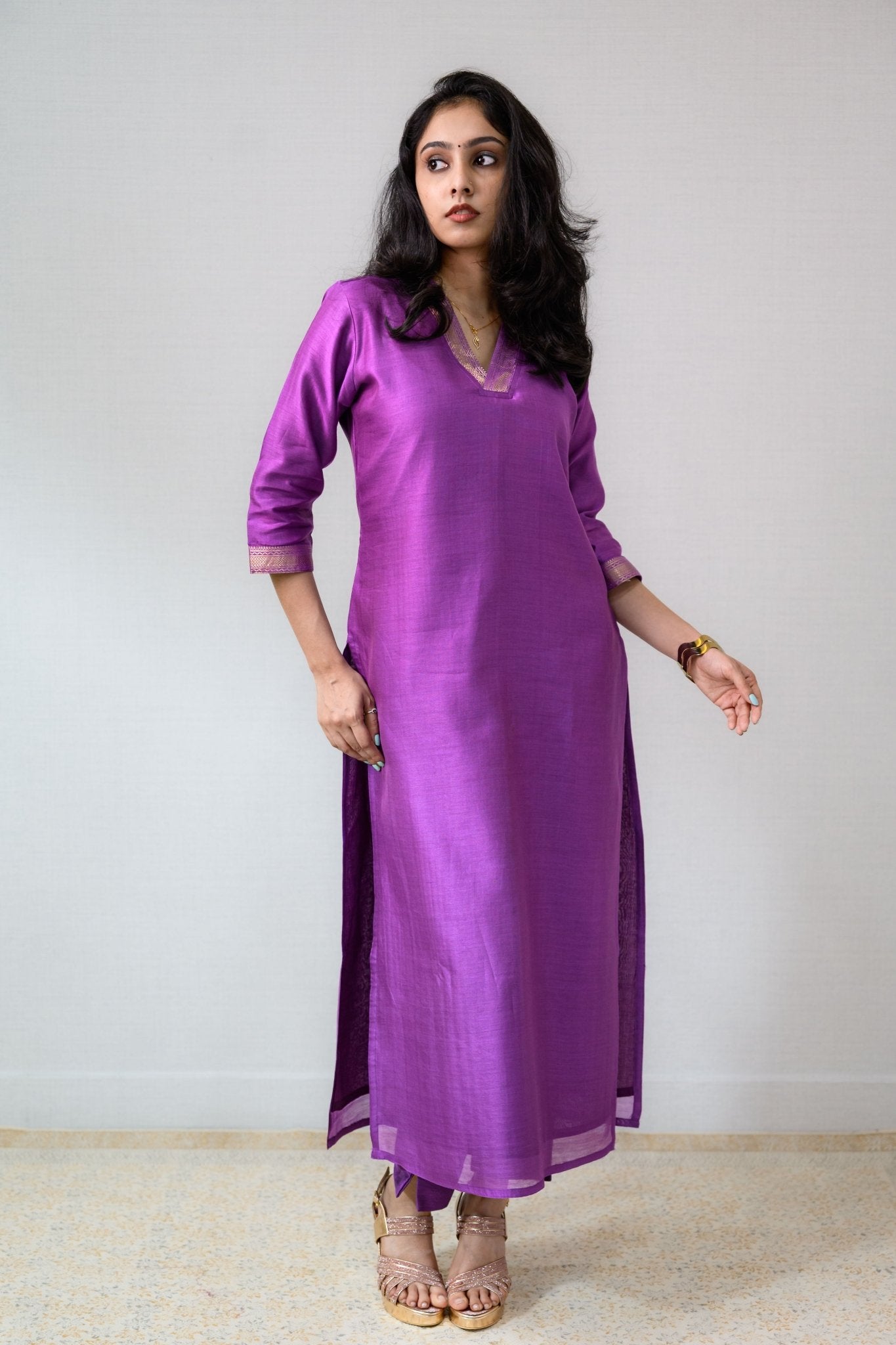 Lavender Maheshwari Silk Collar Kurta - Lobha Deepthis