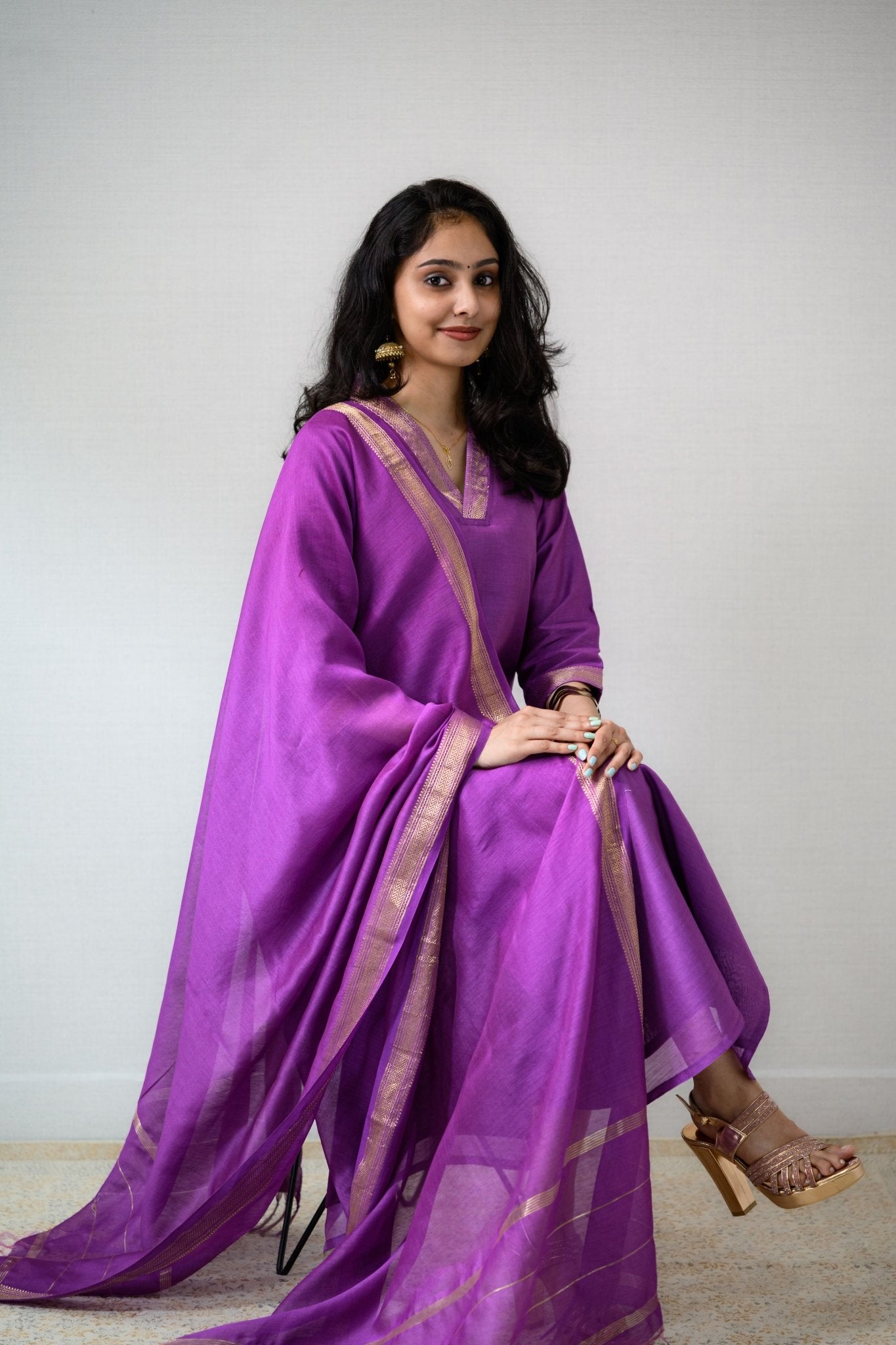 Lavender Maheshwari Silk Collar Kurta - Lobha Deepthis