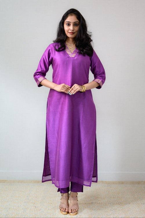 Lavender Maheshwari Silk Collar Kurta - Lobha Deepthis