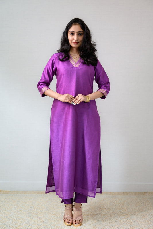 Lavender Maheshwari Silk Collar Kurta - Lobha Deepthis