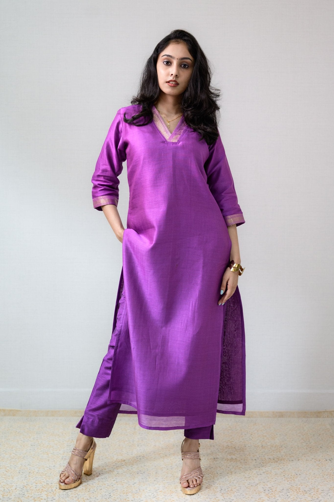 Lavender Maheshwari Silk Collar Kurta - Lobha Deepthis