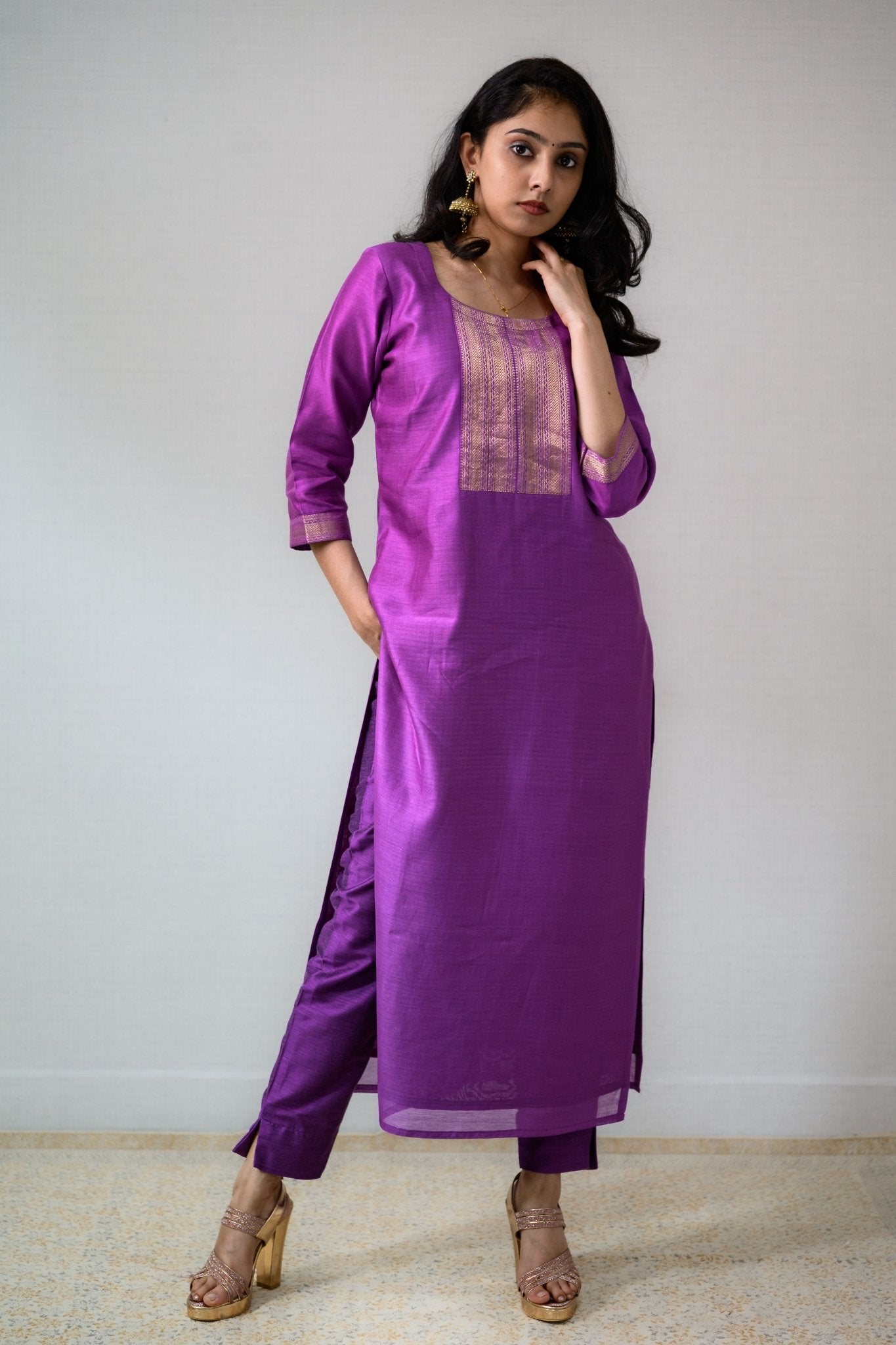 Lavender Maheshwari Silk Round Neck Kurta - Lobha Deepthis