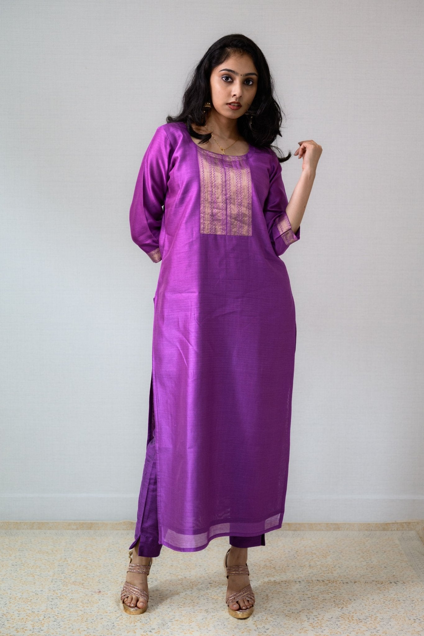Lavender Maheshwari Silk Round Neck Kurta - Lobha Deepthis