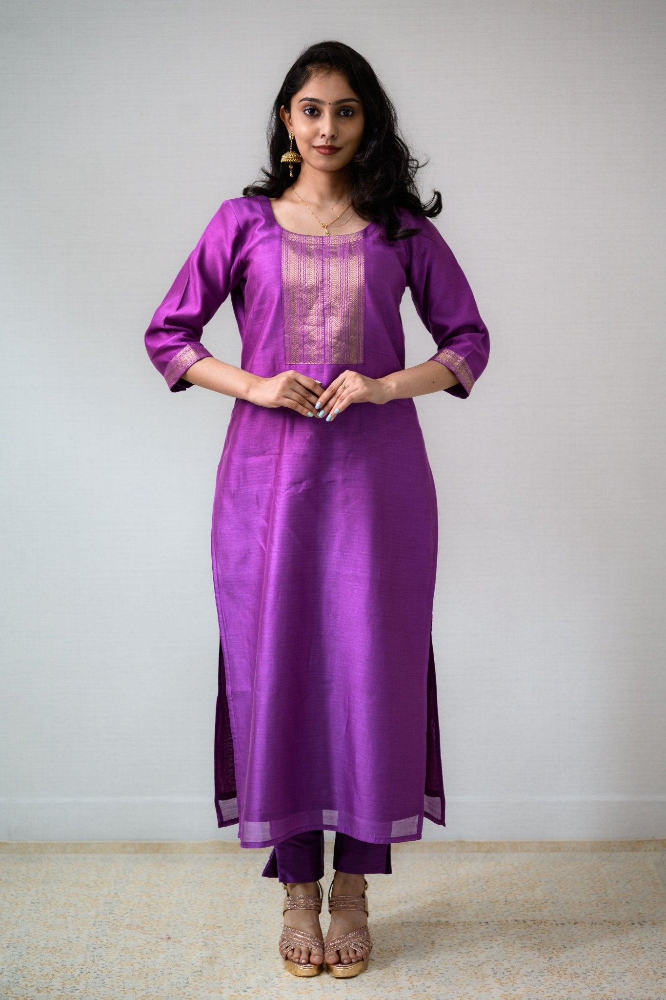 Lavender Maheshwari Silk Round Neck Kurta - Lobha Deepthis