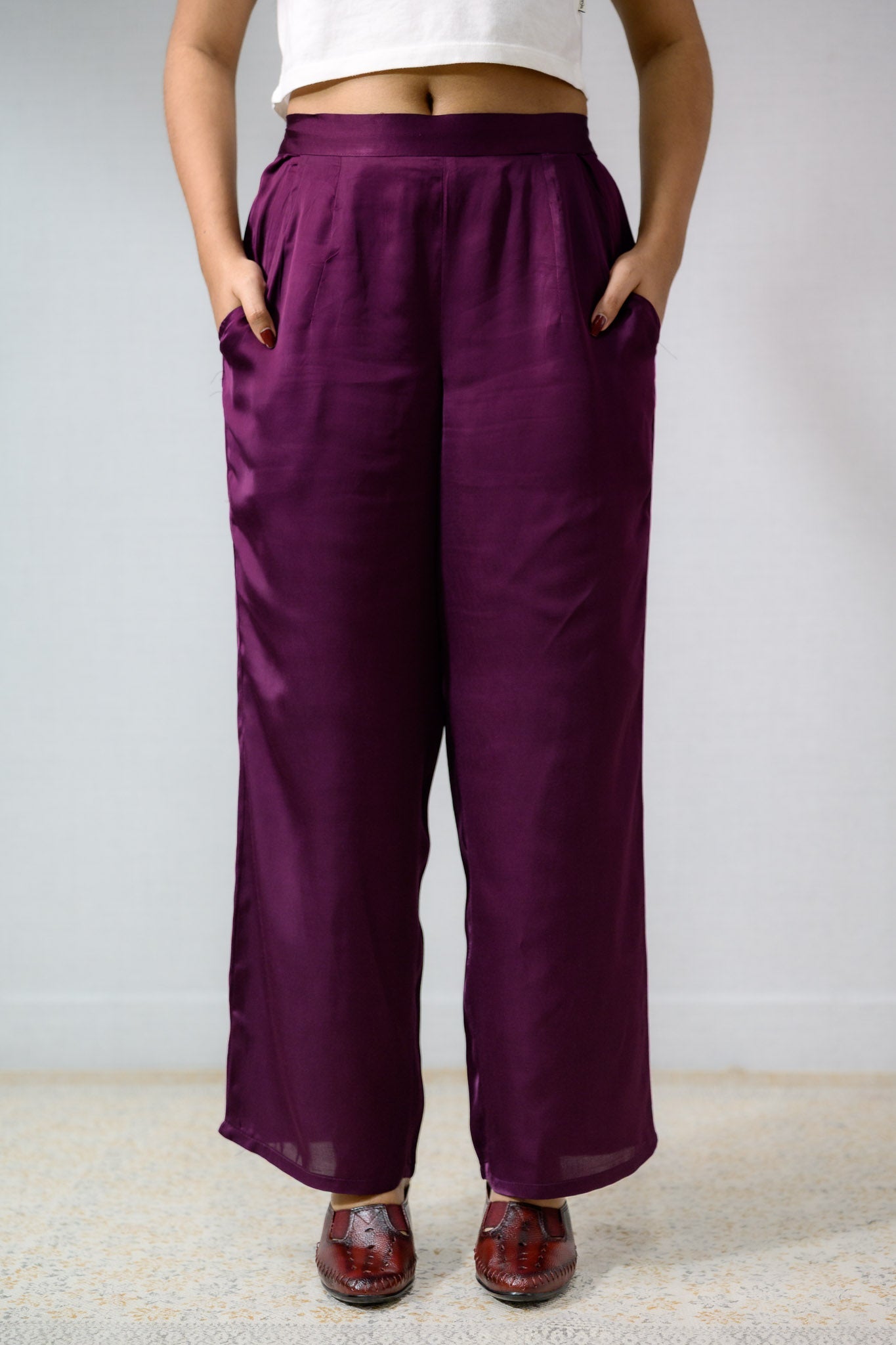 Parallel Pant Notes Plain Modal Dark Lavender Parallel Pants with pockets- Lobha Deepthis
