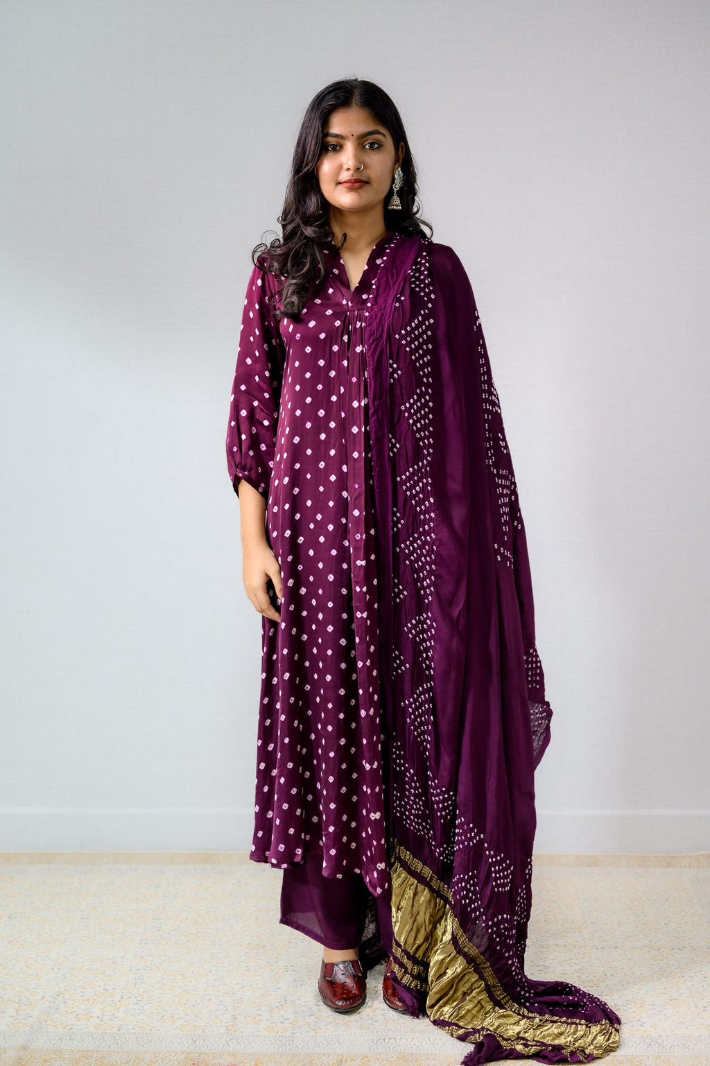 purple bandhani dress Bandhani Print Purple Color Dress For Durga Pooja