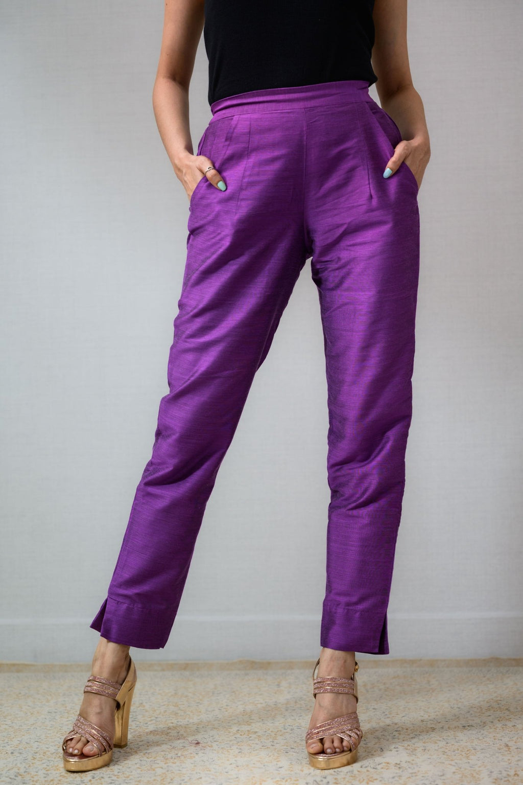 Lavender Slub Silk Pencil Pants - Lobha Deepthis