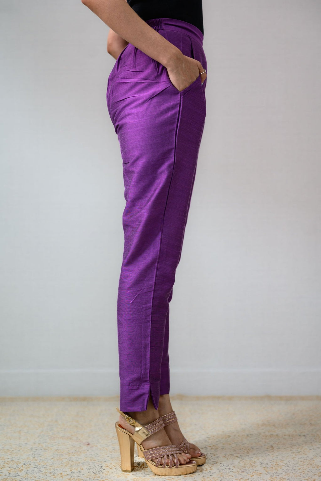 Lavender Slub Silk Pencil Pants - Lobha Deepthis