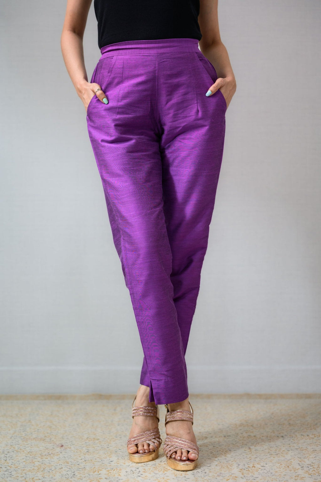 Lavender Slub Silk Pencil Pants - Lobha Deepthis