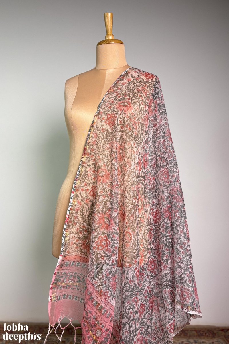 Light Pink Sanganeri Blossoms Kota Doria Dupatta - Lobha Deepthis