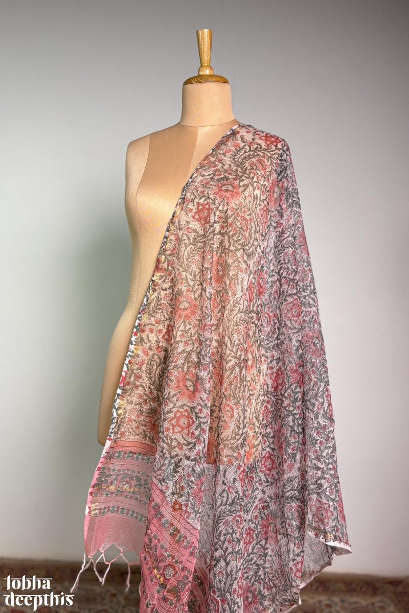 Light Pink Sanganeri Blossoms Kota Doria Dupatta - Lobha Deepthis