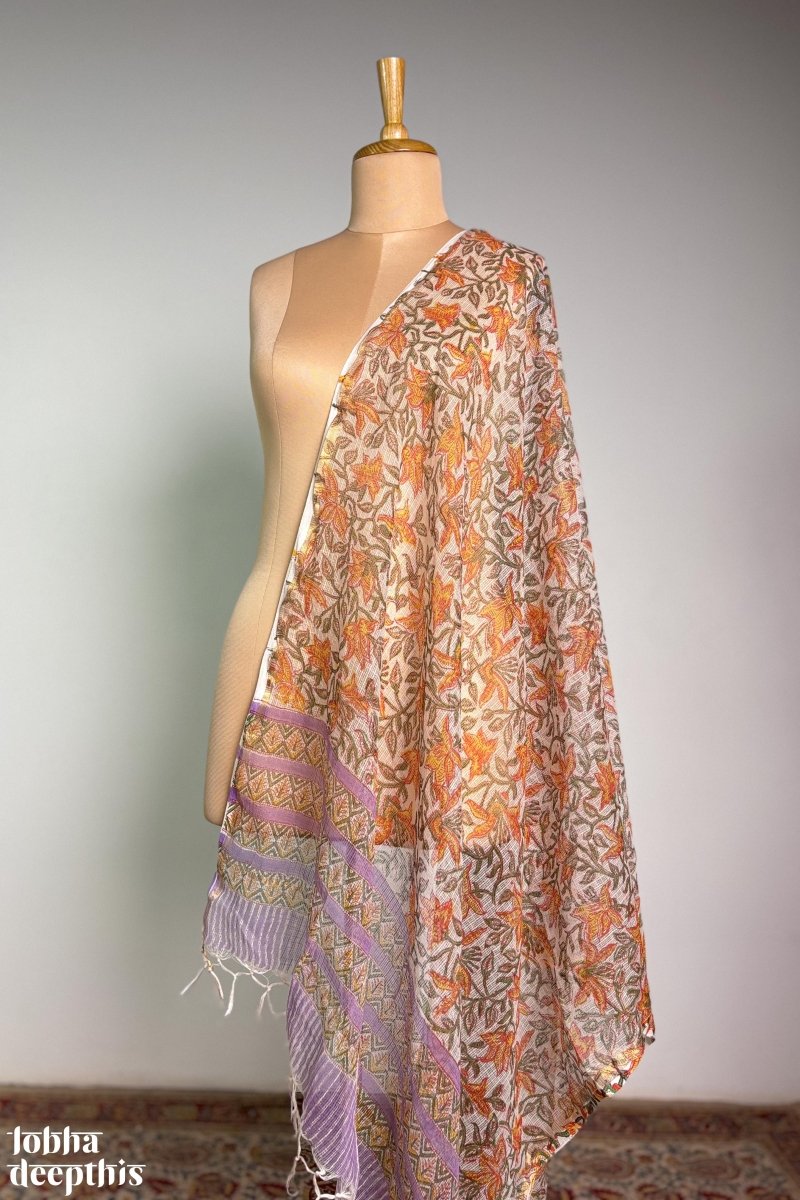 Lilac and Lemon Sanganeri Kota Doria Dupatta - Lobha Deepthis