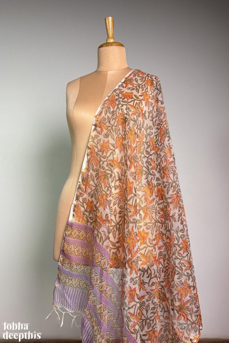 Lilac and Lemon Sanganeri Kota Doria Dupatta - Lobha Deepthis