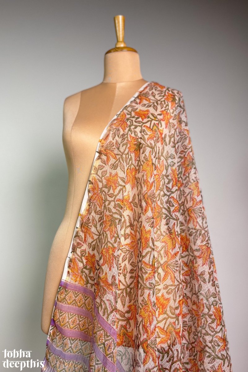 Lilac and Lemon Sanganeri Kota Doria Dupatta - Lobha Deepthis