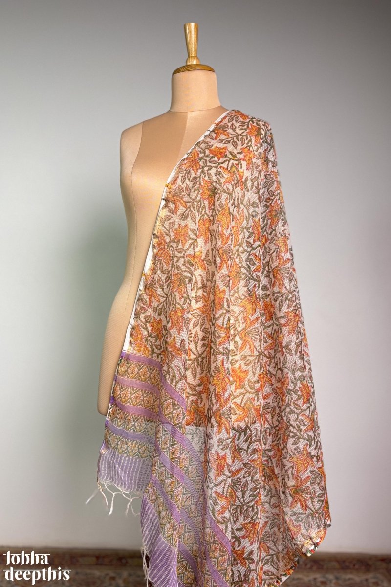 Lilac and Lemon Sanganeri Kota Doria Dupatta - Lobha Deepthis