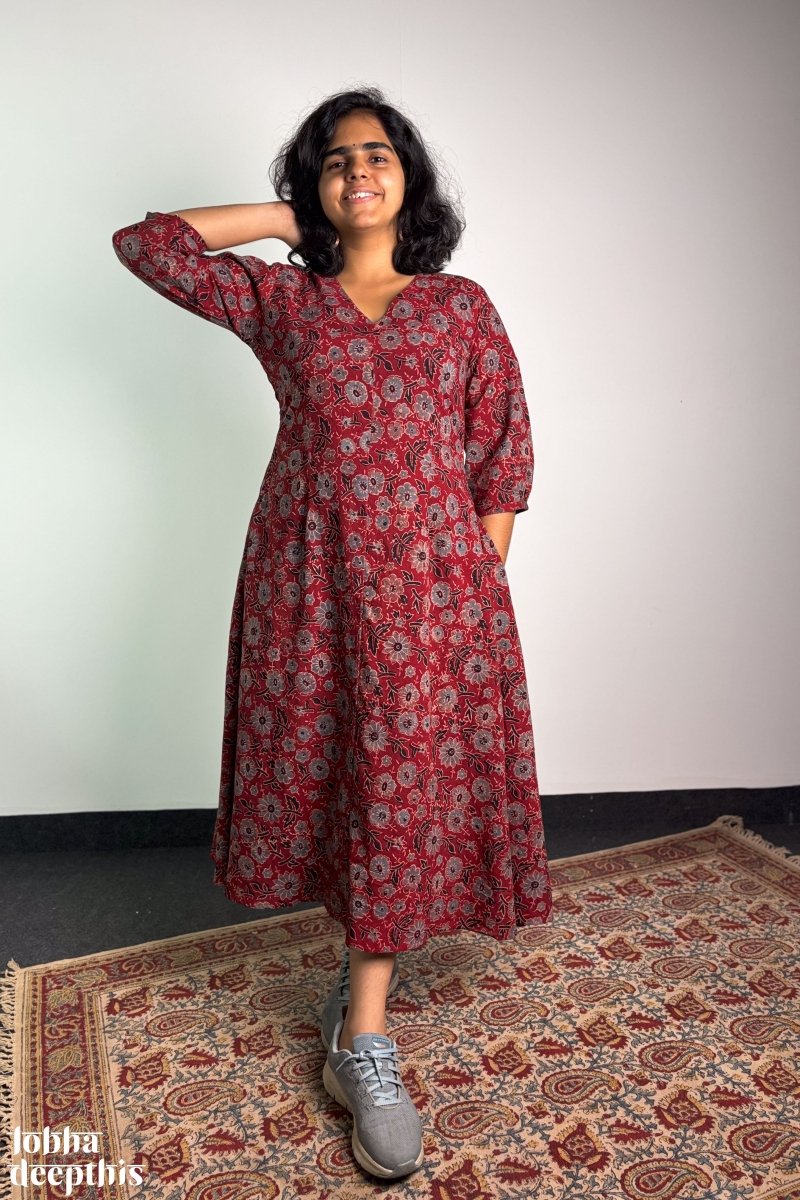 Madder Blooms Ajrakh Dress - Lobha Deepthis