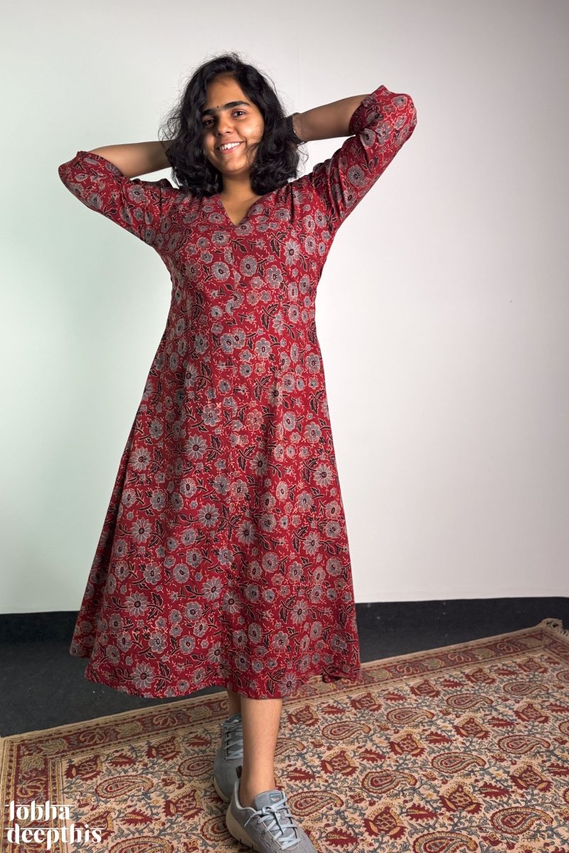 Madder Blooms Ajrakh Dress - Lobha Deepthis