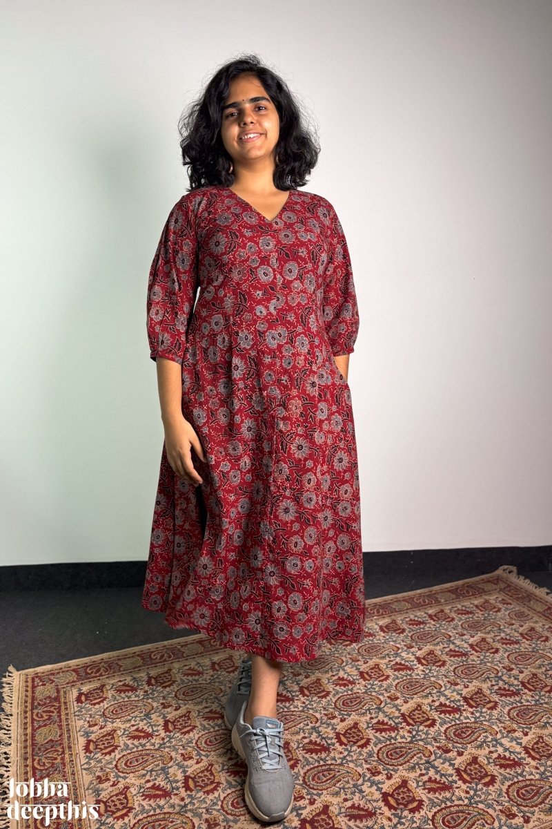 Madder Blooms Ajrakh Dress - Lobha Deepthis