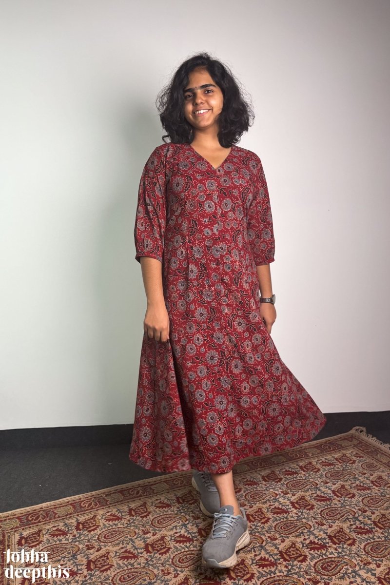 Madder Blooms Ajrakh Dress - Lobha Deepthis