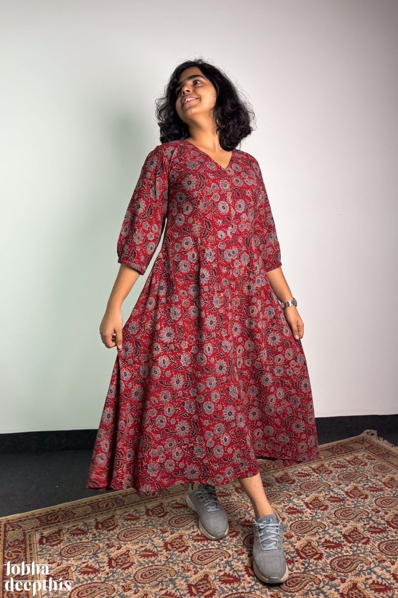 Madder Blooms Ajrakh Dress - Lobha Deepthis