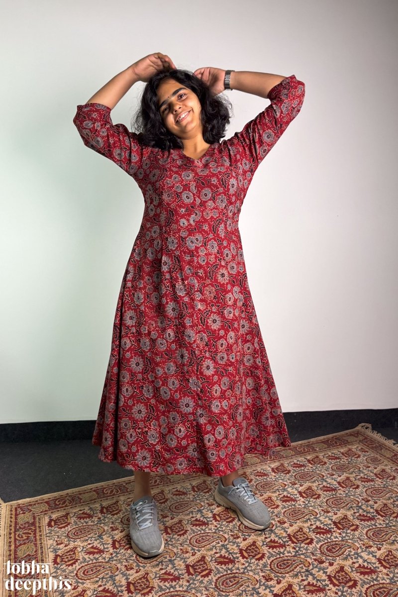 Madder Blooms Ajrakh Dress - Lobha Deepthis