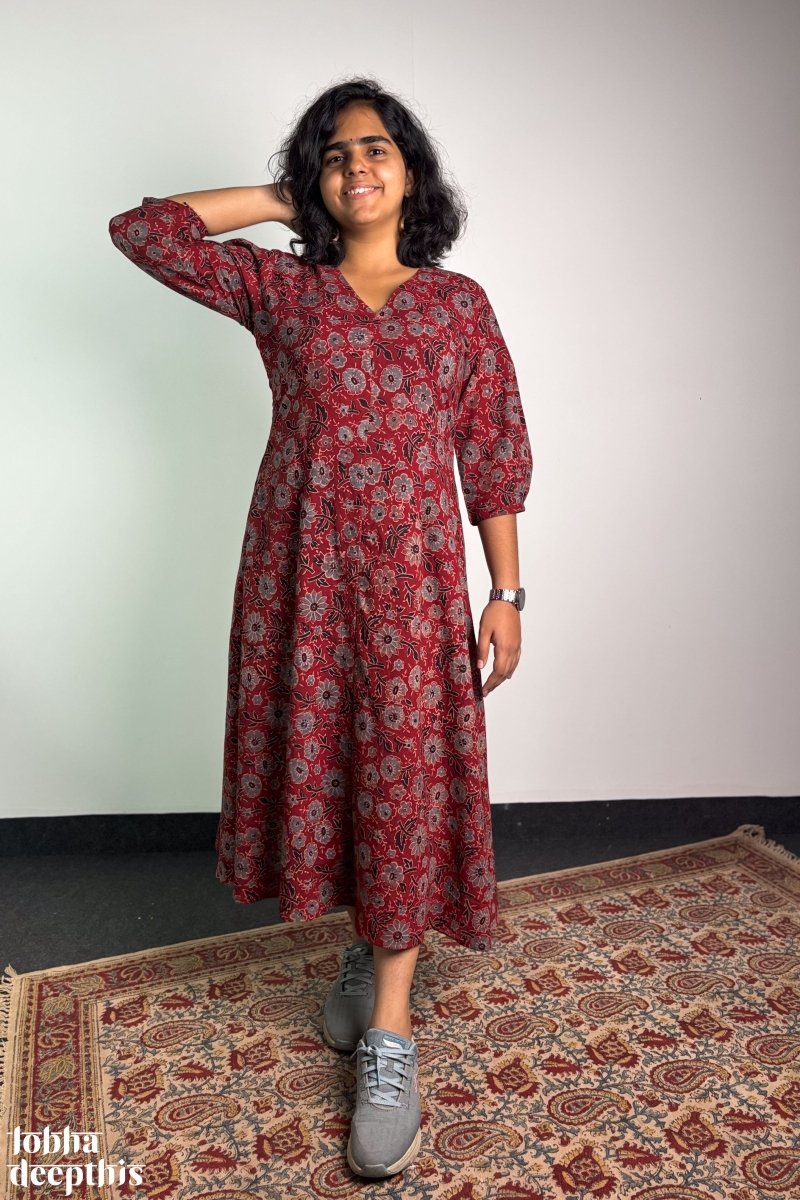 Madder Blooms Ajrakh Dress - Lobha Deepthis