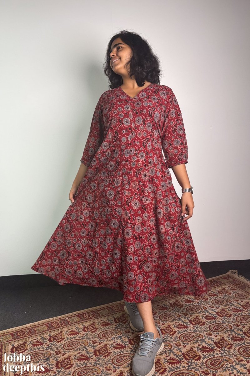 Madder Blooms Ajrakh Dress - Lobha Deepthis