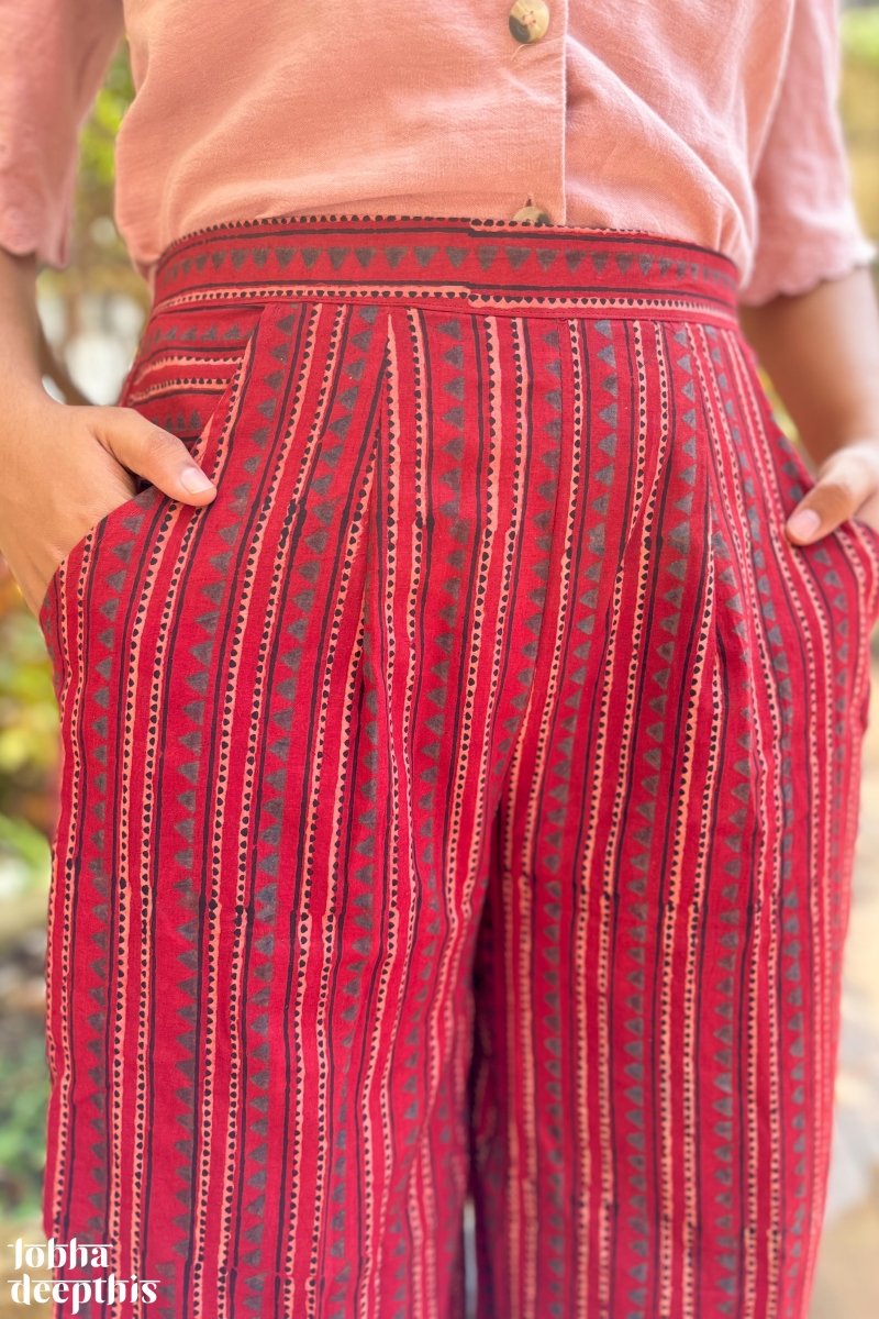 Madder Red Cone Stripes Cotton Parallel Pants - Lobha Deepthis