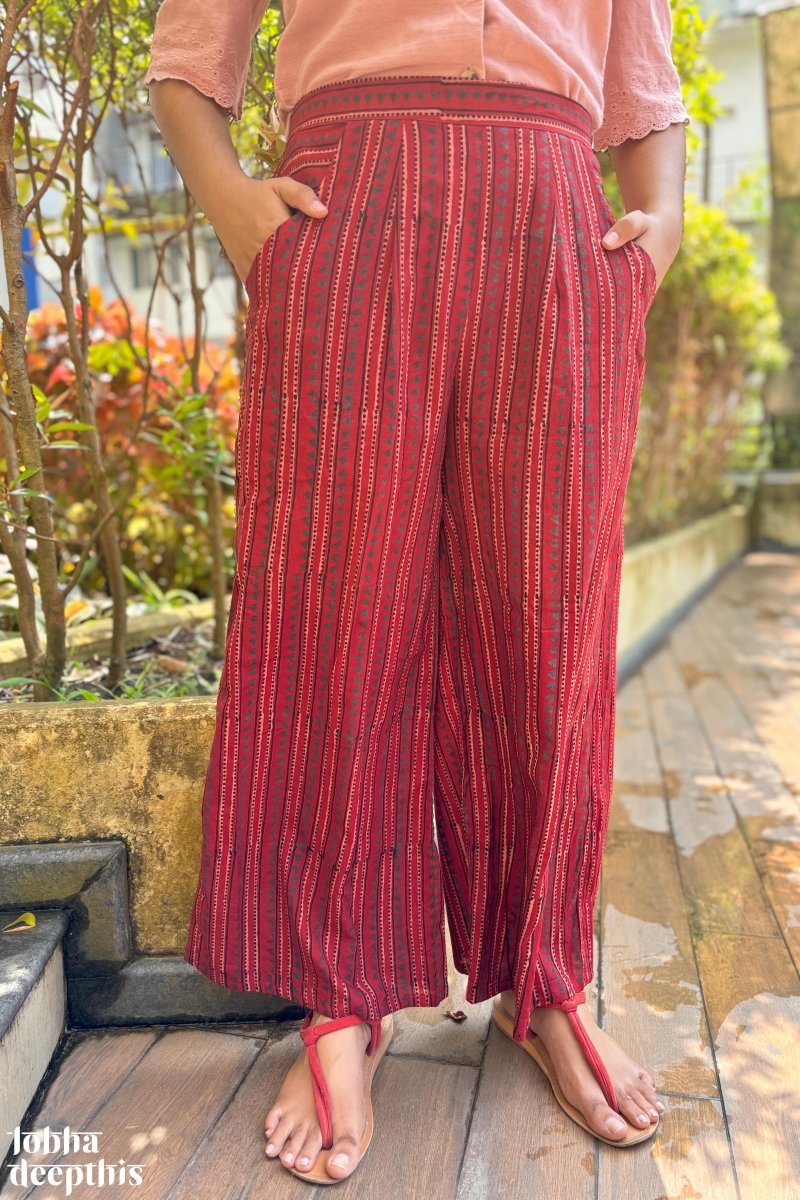 Madder Red Cone Stripes Cotton Parallel Pants - Lobha Deepthis