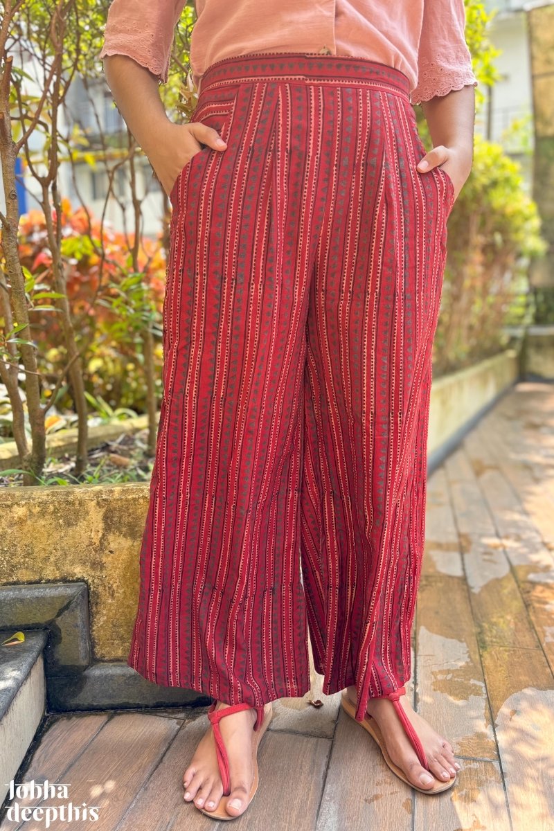 Madder Red Cone Stripes Cotton Parallel Pants - Lobha Deepthis