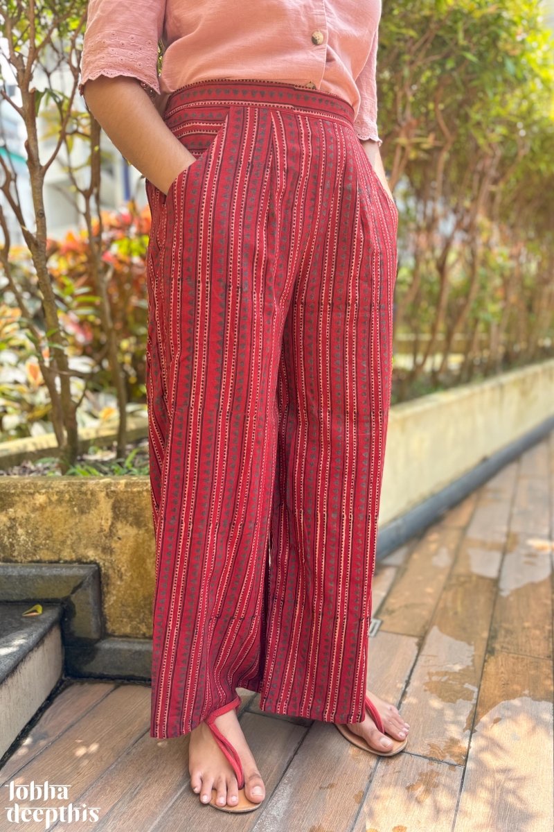 Madder Red Cone Stripes Cotton Parallel Pants - Lobha Deepthis