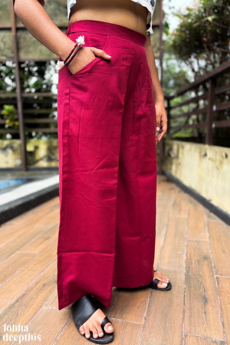 Madder Red Cotton Flax Parallel Pants - Lobha Deepthis