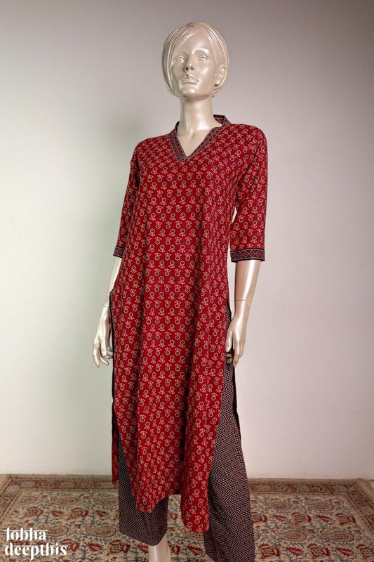 Madder Red Earthen Florets Straight Kurta - Lobha Deepthis