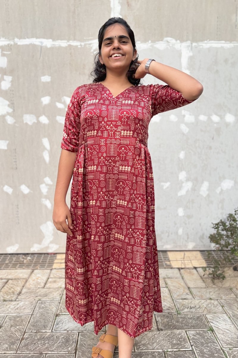 Madder Red Mashru Silk Dress - Lobha Deepthis