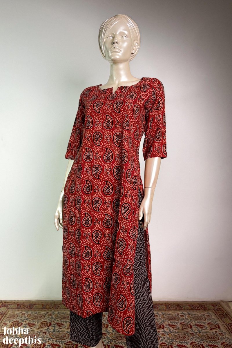 Madder Red Paisley Straight Kurta - Lobha Deepthis