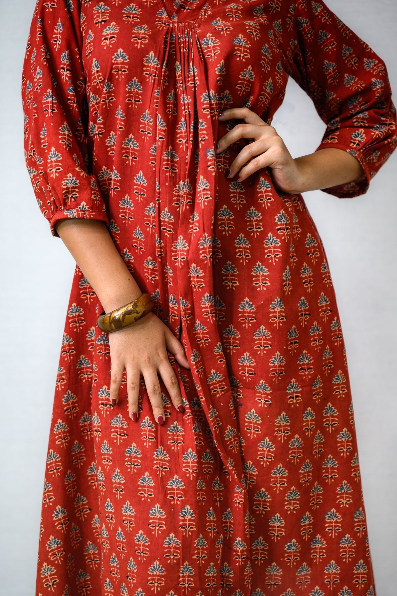 Madder Red Tulips Ajrakh Cotton Dress - Lobha Deepthis