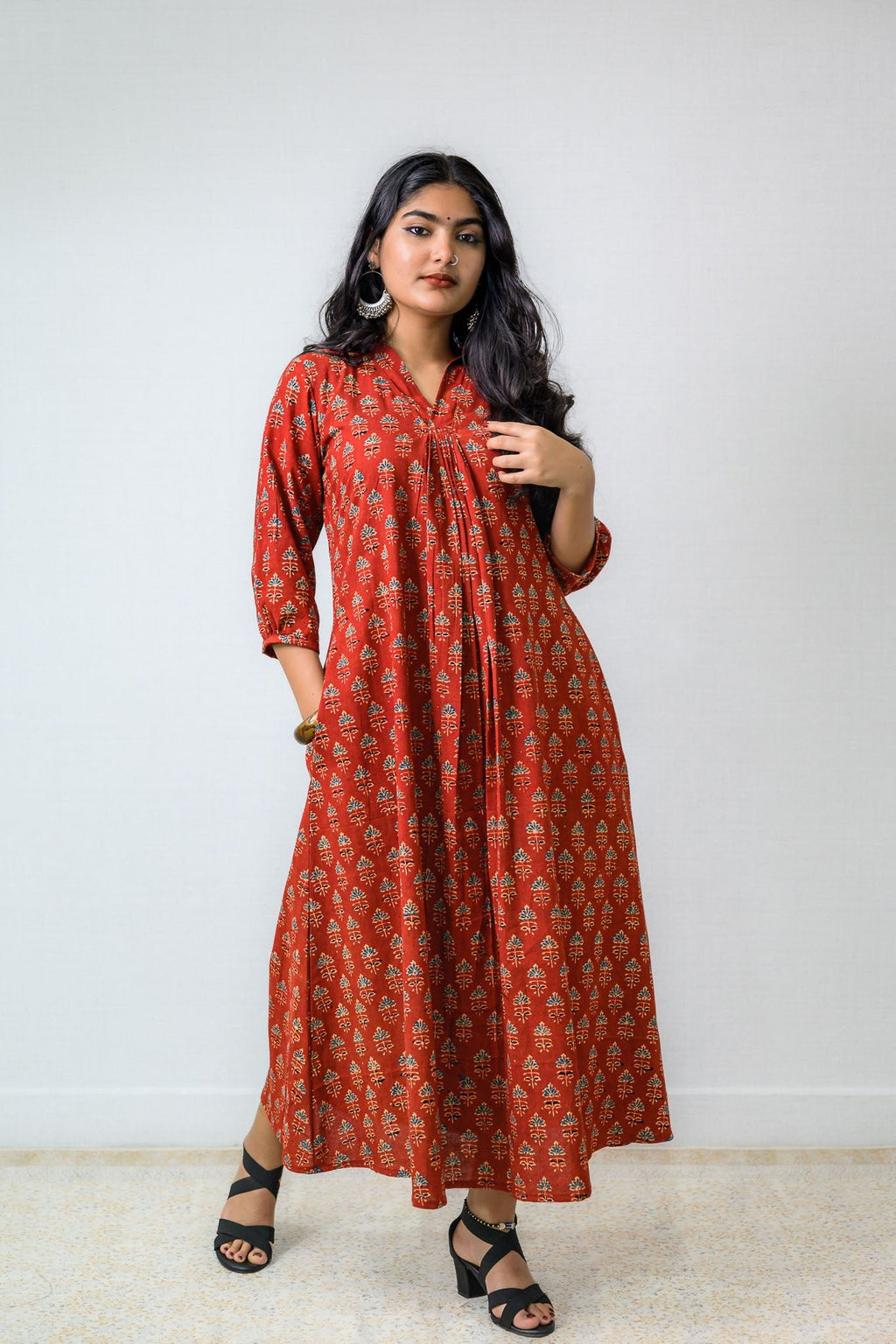 Madder Red Tulips Ajrakh Cotton Dress - Lobha Deepthis