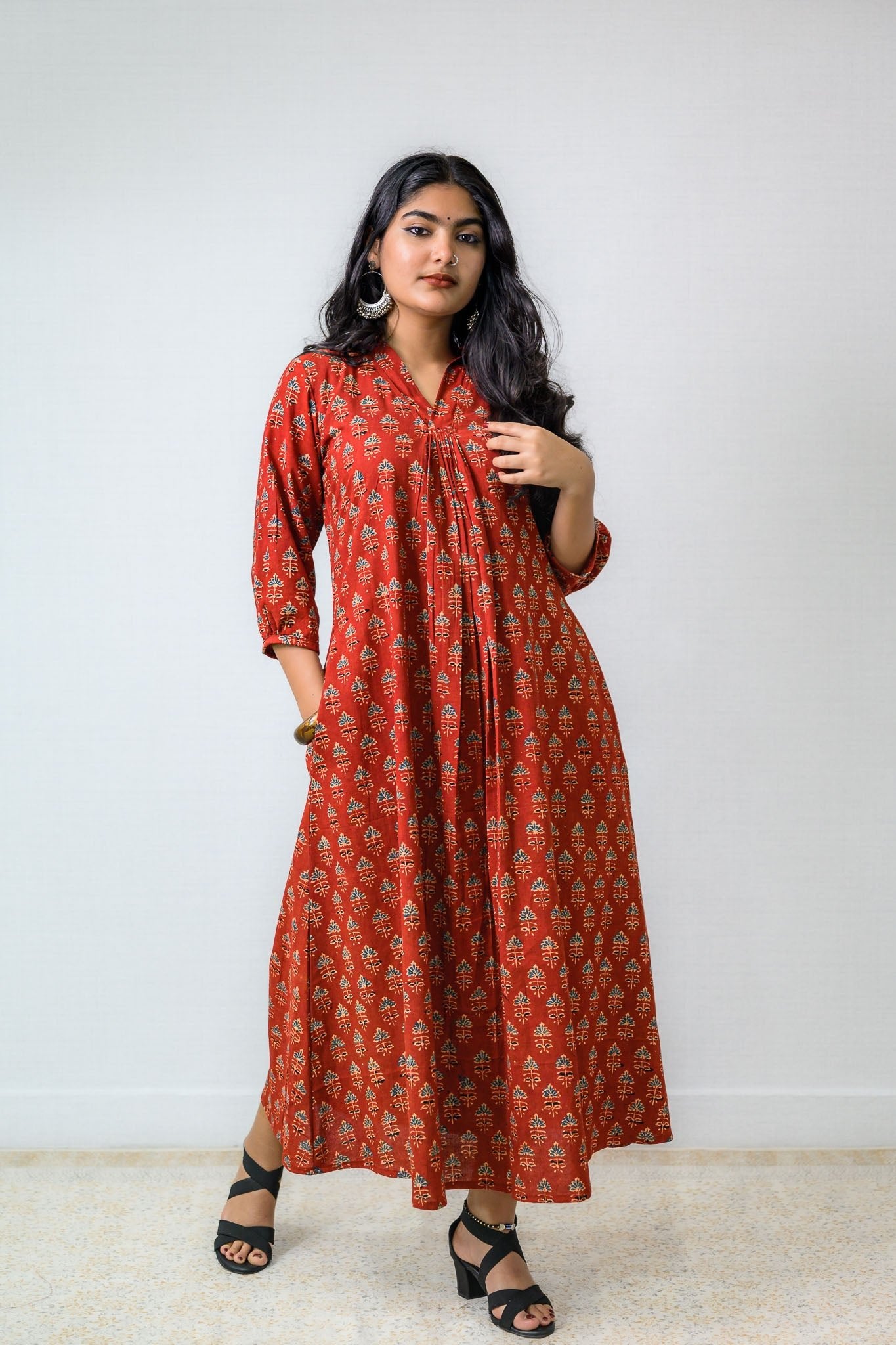 Madder Red Tulips Ajrakh Cotton Dress - Lobha Deepthis