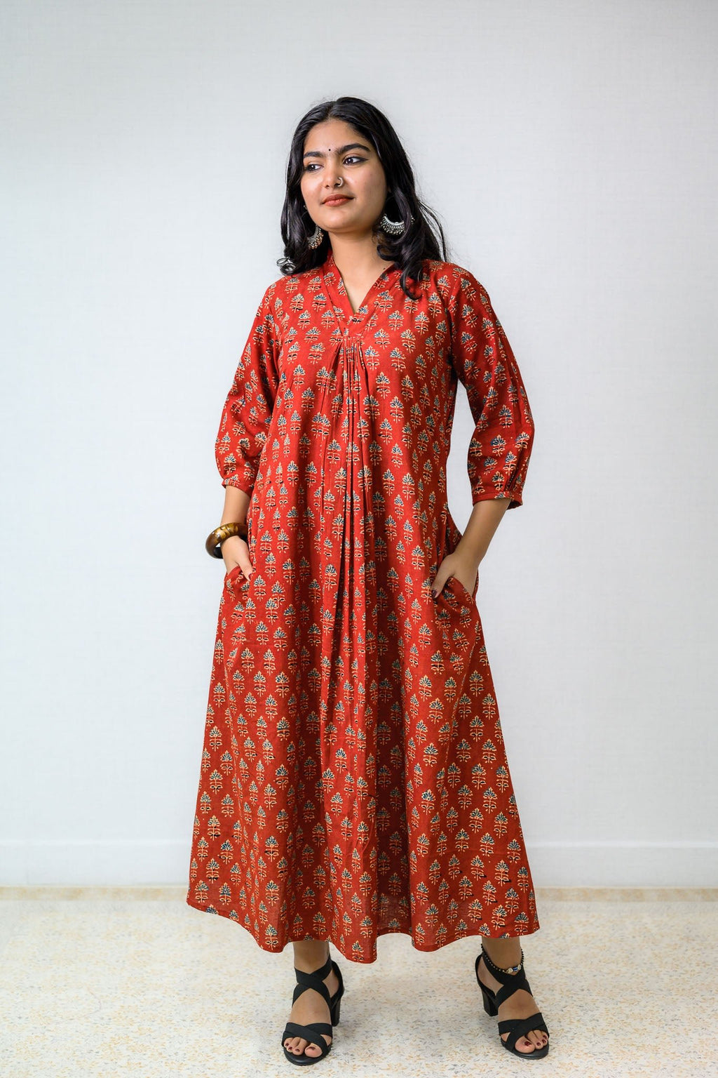 Madder Red Tulips Ajrakh Cotton Dress - Lobha Deepthis