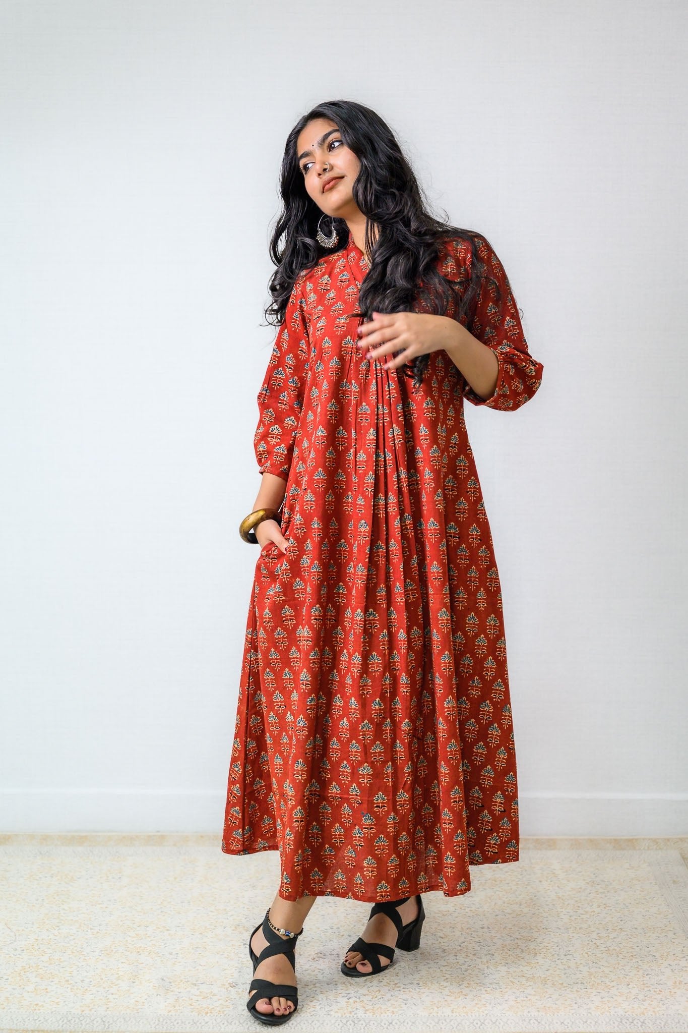 Madder Red Tulips Ajrakh Cotton Dress - Lobha Deepthis