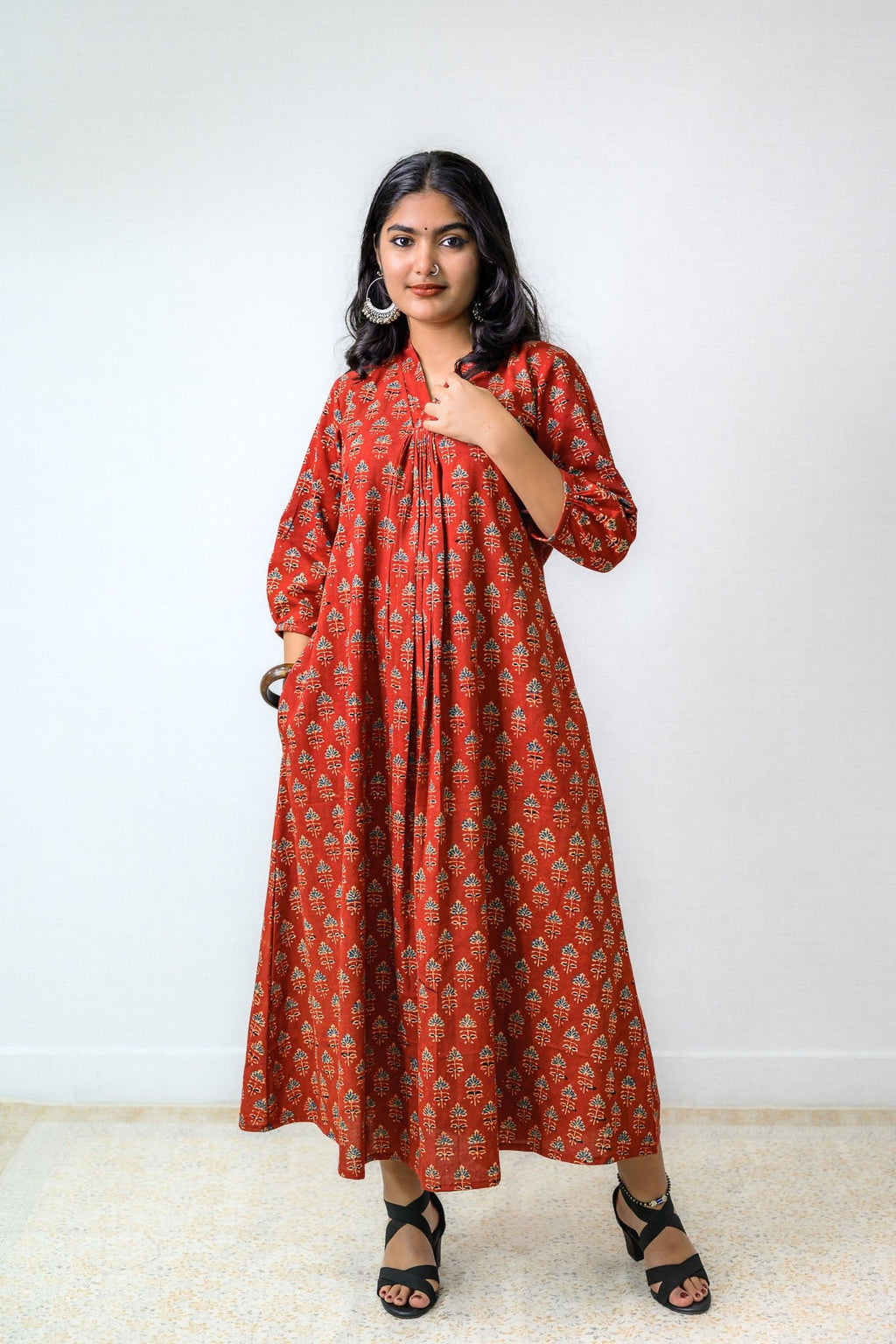 Madder Red Tulips Ajrakh Cotton Dress - Lobha Deepthis