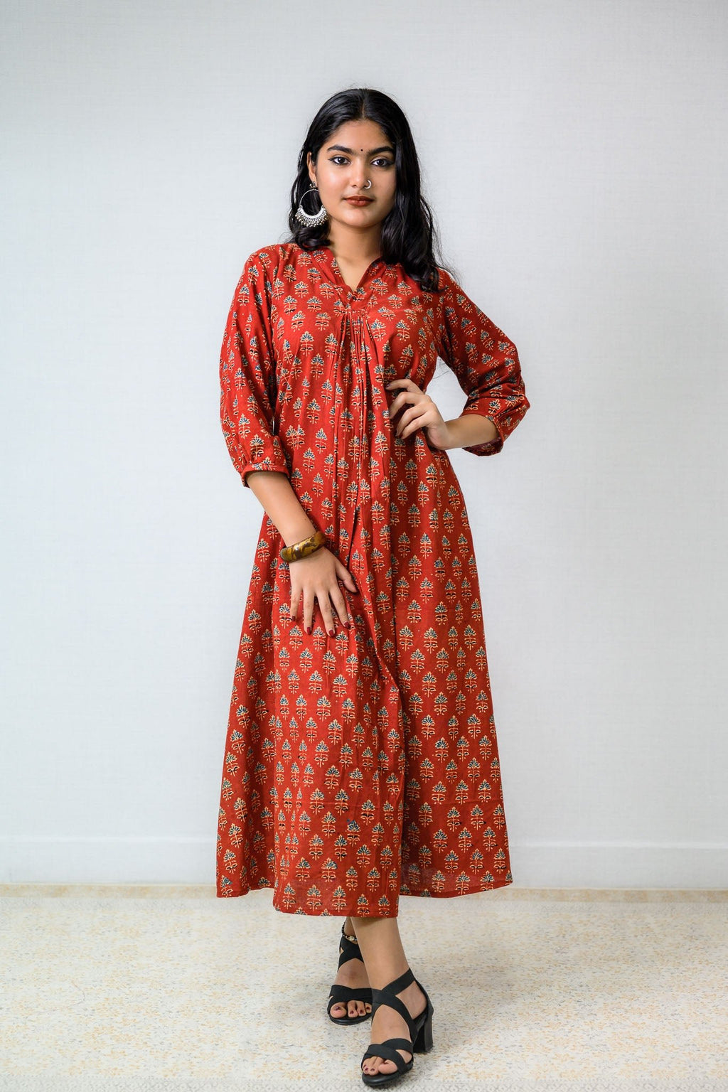 Madder Red Tulips Ajrakh Cotton Dress - Lobha Deepthis