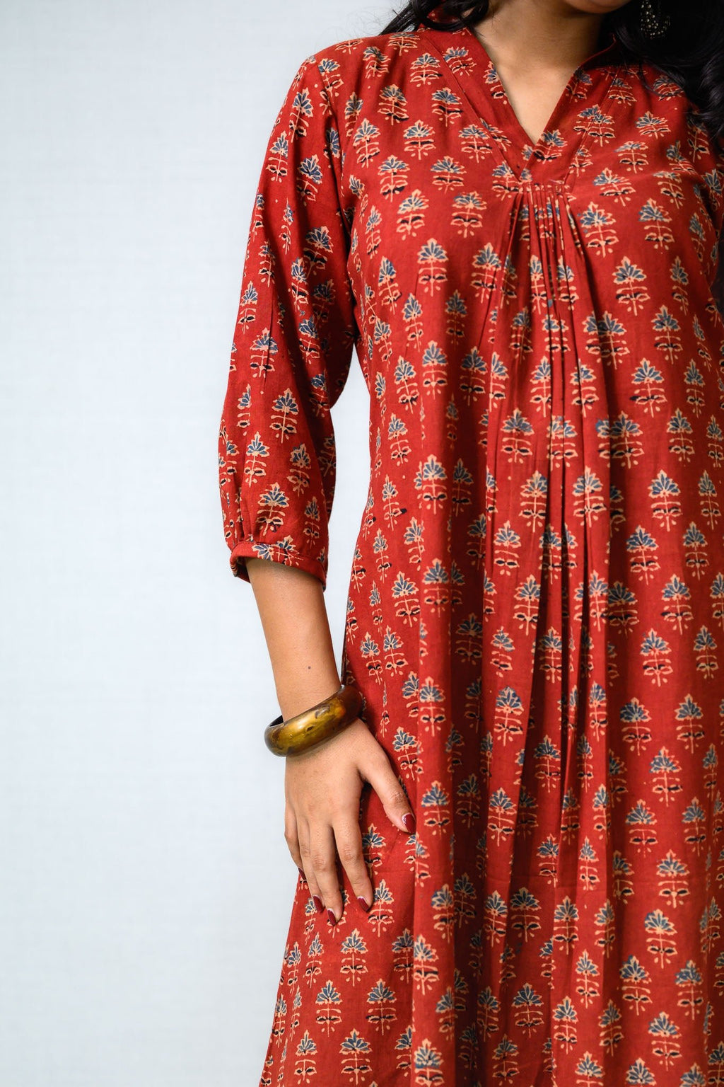 Madder Red Tulips Ajrakh Cotton Dress - Lobha Deepthis