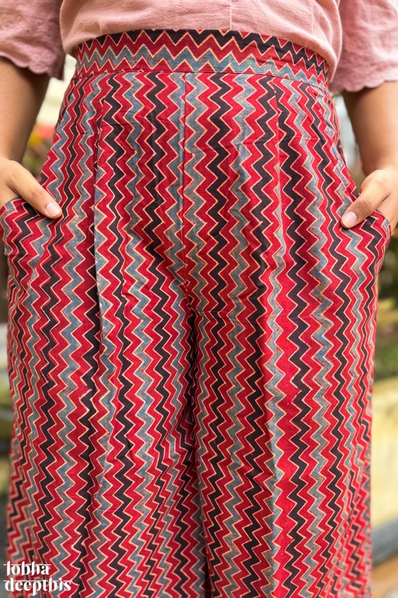 Madder Red Zig Zag Ajrakh Short Palazzo - Lobha Deepthis