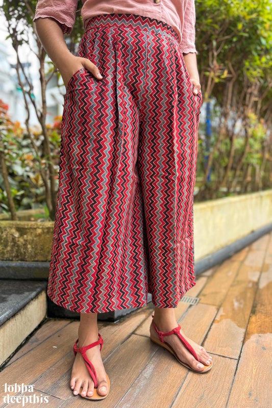 Madder Red Zig Zag Ajrakh Short Palazzo - Lobha Deepthis