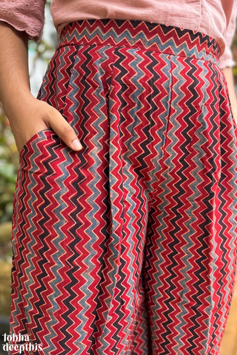 Madder Red Zig Zag Ajrakh Short Palazzo - Lobha Deepthis